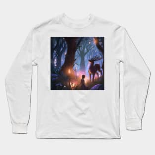 Girl in magical forest surrounded by animals Long Sleeve T-Shirt